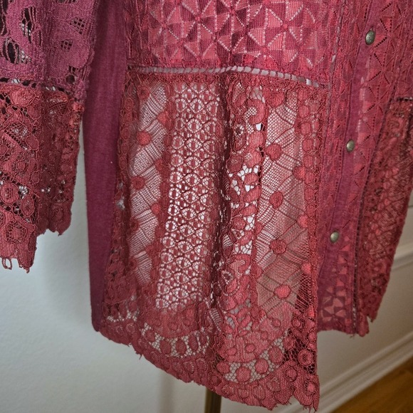 Maroon Patchwork Lace Button Front Top Cottagecore Boho whimsigoth Size M Lucky - Picture 6 of 8